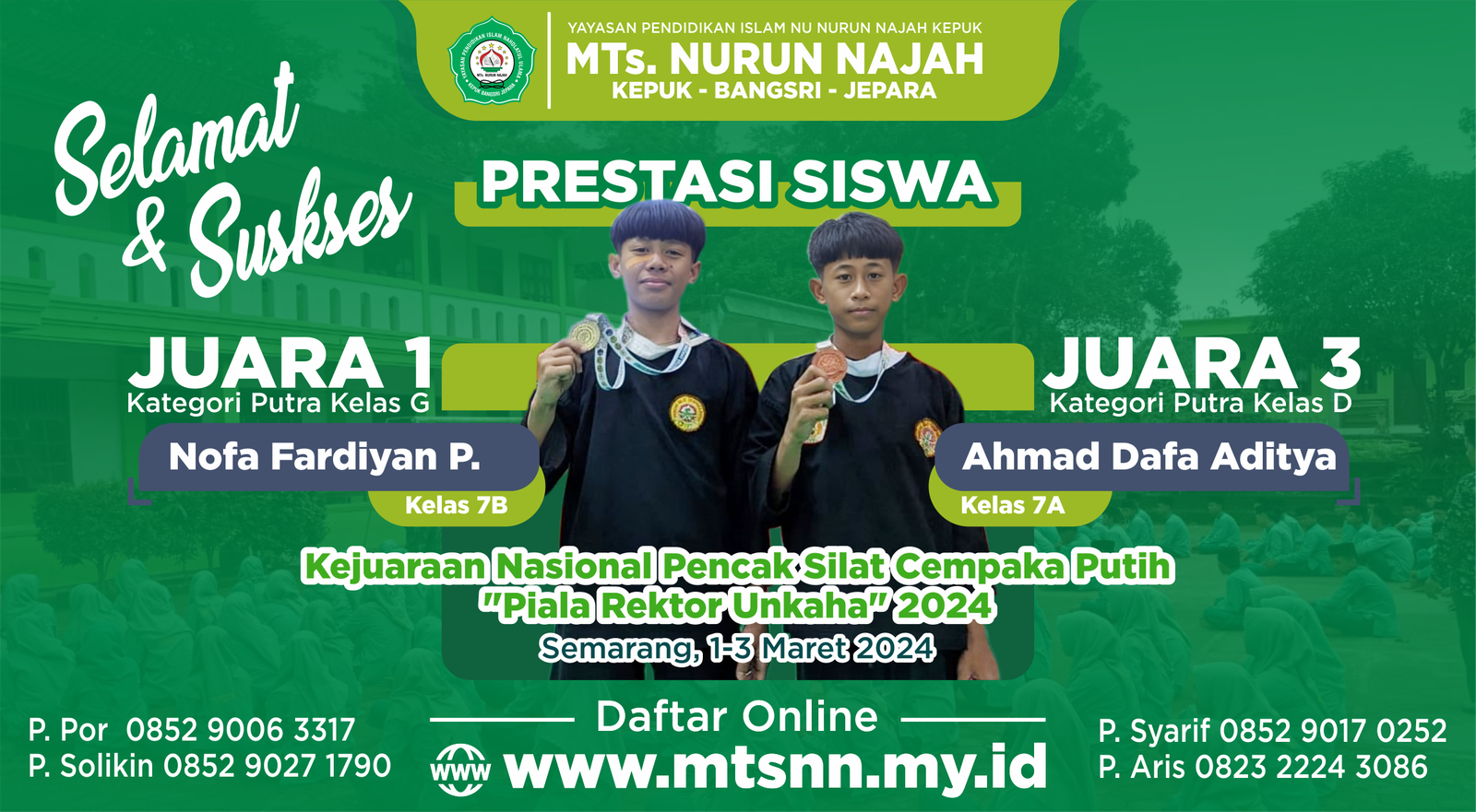 Siswa MTs. Nurun Najah Kepuk Menunjukkan Prestasi Gemilang di KejurNas Pencak Silat Cempaka Putih “Piala Rektor Unkaha” 2024